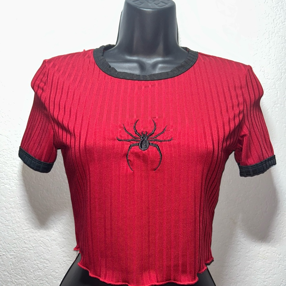 Red Ribbed Spider Embroidered Top